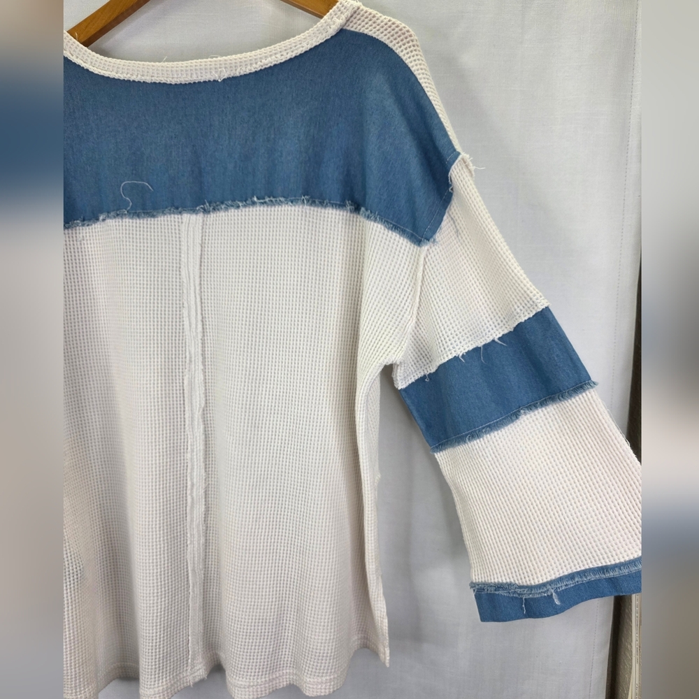 POL Women's Colorblock Waffle Knit  Round Neck Long Sleeve Boho Cottage Core  L - Picture 13 of 15